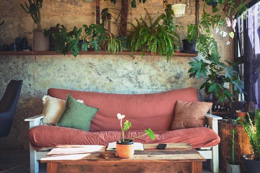 Still life shot of a workstation in the living room of a rustic apartment