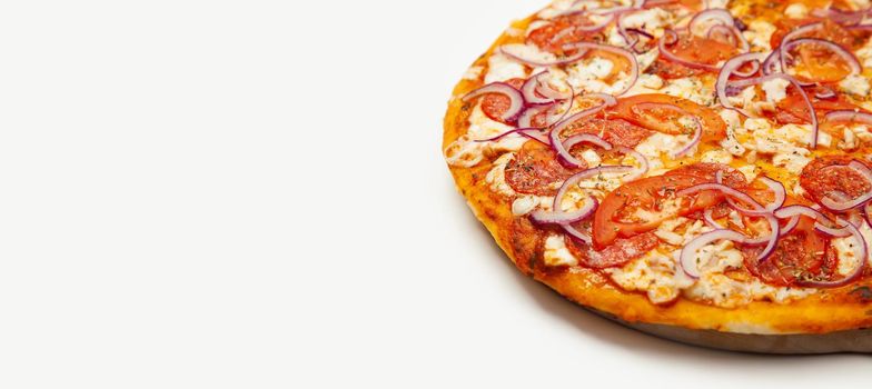 Delicious Rustic pizza. Signature sauce, mozzarella cheese, pepperoni, chicken fillet, tomatoes, red onion. Close-up. Advertising flyer and poster for restaurants. With copy space for text