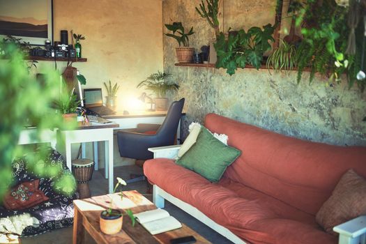 Still life shot of a furnished living room in a rustic apartment