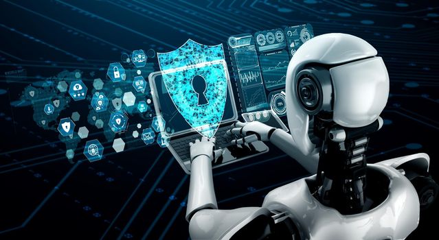 AI robot using cyber security to protect information privacy . Futuristic concept of cybercrime prevention by artificial intelligence and machine learning process . 3D rendering illustration .