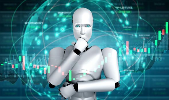 Future financial technology controlled by AI robot using machine learning and artificial intelligence to analyze business data and give advice on investment and trading decision . 3D illustration .