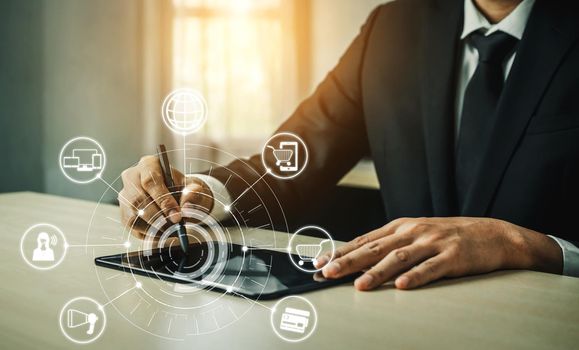 Omni channel technology of online retail business. Multichannel marketing on social media network platform offer service of internet payment channel, online retail shopping and omni digital app.