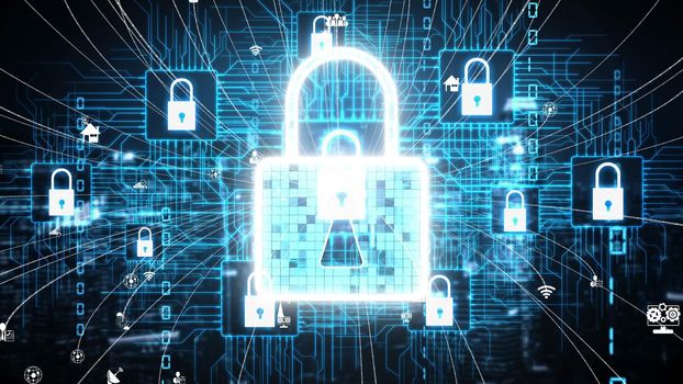Cyber Security and Digital Data Protection conceptual . Graphic interface showing secure firewall technology for online data access defense against hacker, virus and insecure information for privacy.