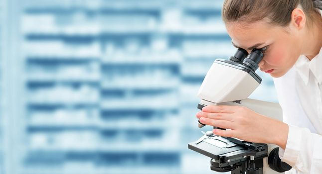 Scientist researcher using microscope in laboratory. Medical healthcare technology and pharmaceutical research and development concept.