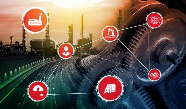 Industry 4.0 technology concept - Smart factory for fourth industrial revolution with icon graphic showing automation system by using robots and automated machinery controlled via internet network .