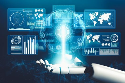 3D rendering futuristic droid robot technology development, artificial intelligence AI, and machine learning concept. Global robotic bionic science research for future of human life.