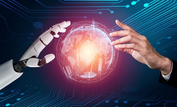 3D Rendering futuristic robot technology development, artificial intelligence AI, and machine learning concept. Global robotic bionic science research for future of human life.