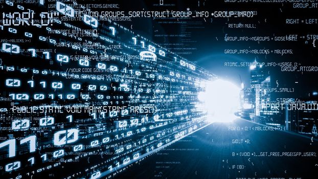Software development, application programming code and tacit computer coding . Concept of smart digital transformation and technology disruption that changes global trends in new information era .