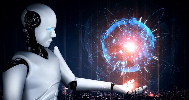 AI humanoid robot holding hologram screen shows concept of global communication network using artificial intelligence thinking by machine learning process. 3D illustration computer graphic.