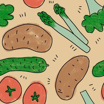 Hand drawn seamless pattern with vegetables veggies vegan vegetarian design. Tomato potato carrot cabbage leek onion bell papper fabric print. Retro vintage kitchen textile background, healthy food concept