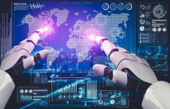 3D rendering artificial intelligence AI research of droid robot and cyborg development for future of people living. Digital data mining and machine learning technology design for computer brain.