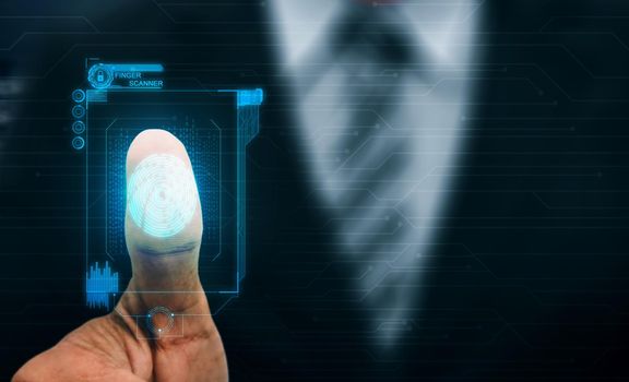 Fingerprint Biometric Digital Scan Technology. Graphic interface showing man finger with print scanning identification. Concept of digital security and private data access by use fingerprint scanner.