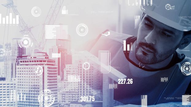 Future building construction and inventive engineering project concept with HUD hologram graphic design. Building engineer, architect people or construction worker works with modern civil technology.