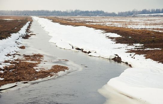 River in early spring on the bank of snow. The snow melts with the arrival of heat near the banks of the river. In the spring, the ice comes down the rivers, melting ice comes down