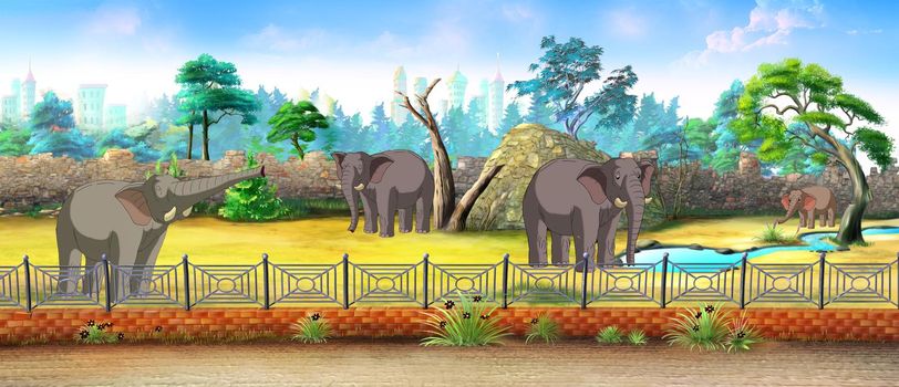 Big elephants in the zoo on a sunny day. Digital Painting Background, Illustration.