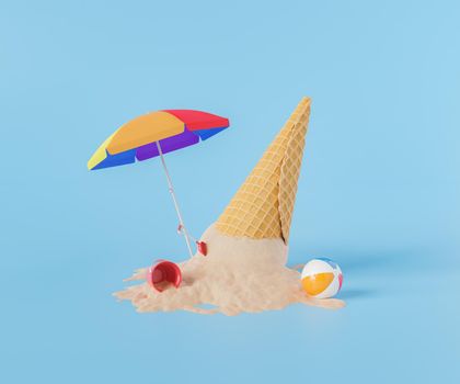 3d rendering of an ice cream cone with sand ball and beach toys around it on a blue studio background