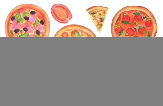 Set of watercolor different pizzas, slices of tomatoes and mushrooms champignons. Whole Italian pizza