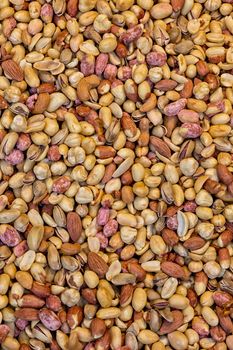 A mix of nuts, surface and background. A snack mix of dried almonds, pistachios, hazelnuts and peanuts. Raw, organic, vegan. Food photo, closeup, from above.