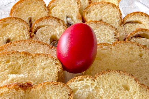 Easter traditional bread and red chicken egg in a plate on the table