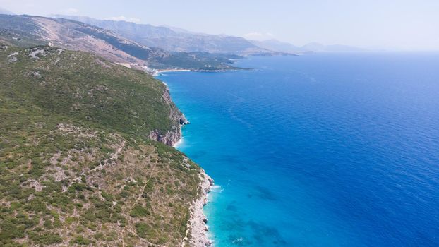 summer Ionian sea coast top view with beaches, Albania.