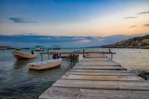 Beauty tranquil scene on the harbor with a boats. Horizontal view