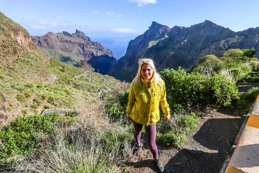 woman on Mountain village Masca on Tenerife, Spain. Tenerife landmark landscape.