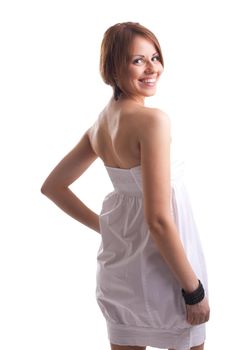 Beauty woman on white cloth look at you smile isolated