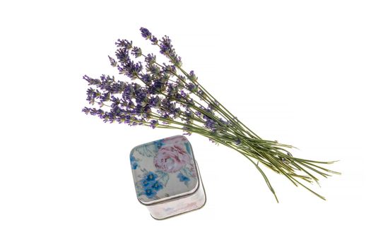 bouquet purple lavender and a little metal box, isolated on white background