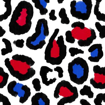 Seamless hand drawn pattern with patriotic leopard cheetah background. American US 4th fourth of July independence day fabric print. Blue red white design for party celebration fashion textile