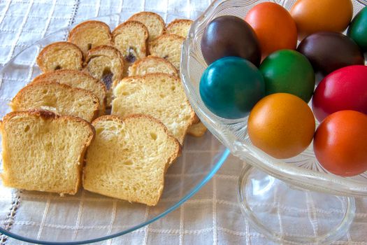 Easter traditional bread and colorful Easter eggs in a plate on the table
