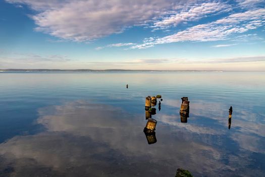 Old timber jetty pillars protruding from the water.  Dead tree stumps In the water