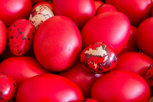 Traditional Greek Orthodox Red Dyed Easter Eggs in a Basket