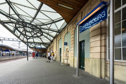 Luxembourg city, May 2022. view of the signs on the platform of the railway station