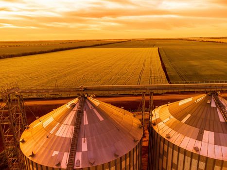 Grain elevator. Metal grain elevator in agricultural zone. Agriculture storage for harvest. Grain silos on green nature background. Exterior of agricultural factory