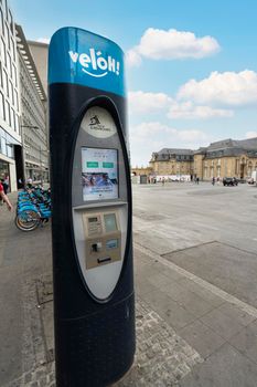 Luxembourg city, May 2022. the bicycle rental column in the city center