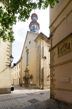 Luxembourg city, May 2022.  exterior view of the protestant church in the old town