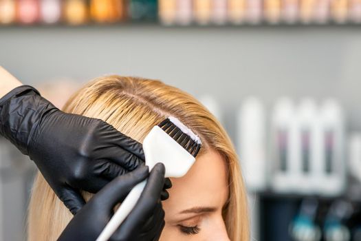 Hands of hairdresser dyeing hair of woman with brush at beauty salon.