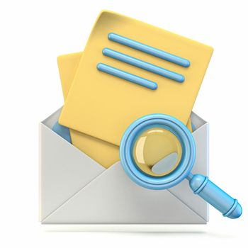 Mail icon with magnifying glass and documents pages 3D render illustration isolated on white background