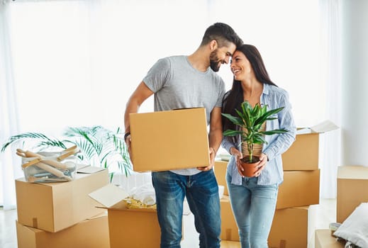 Portrait of a lovely young couple moving in a new house