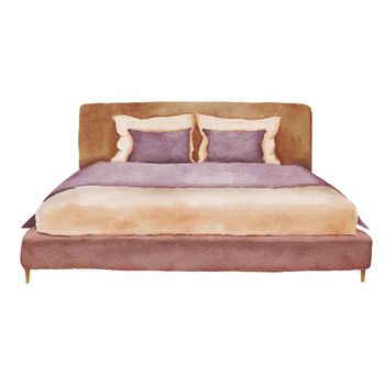 Watercolor hand painted bed. Furniture illustration isolated on white
