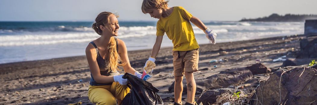 Mother and son are cleaning up the beach. Natural education of children. BANNER, LONG FORMAT