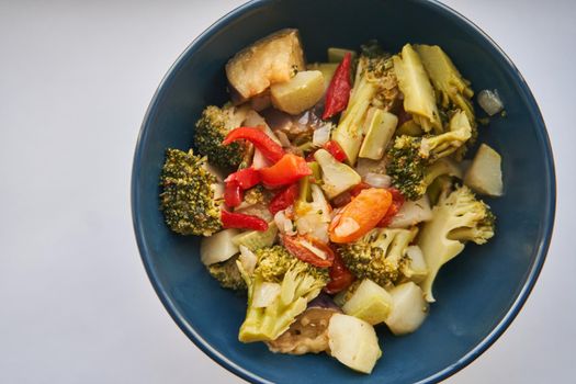 Steamed vegetables. Boiled vegetables in a plate. Healthy food