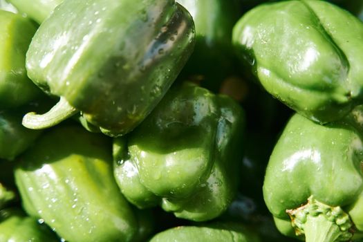 Green fresh peppers on the counter in a vegetable shop. High quality photo