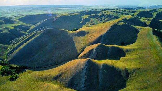 Aerial View of the Long Mountains Ridge. The beginning of the Ural mountains. Orenburg region. High quality photo