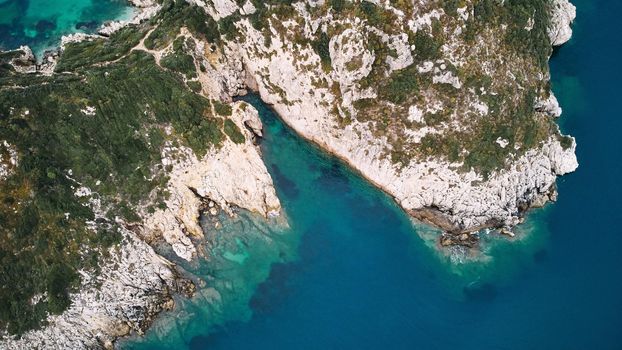 Aerial view of Porto Timoni beach and pirate bay on Corfu island in Greece. Ionian sea.