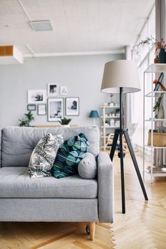 Grey sofa and floor lamp in the interior. Real photo. Lounge.