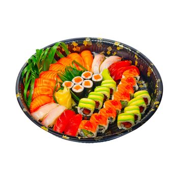 take away selection of fresh sushi express on plastic tray 