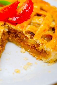 fresh baked home made beef pie macro closeup