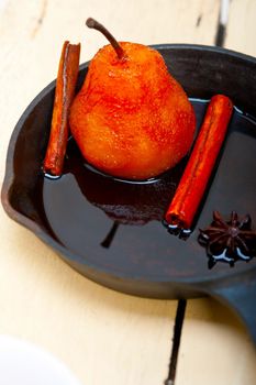 poached pears delicious home made recipe ove white  rustic wood table