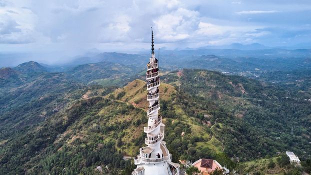 Aerial view of Ambuluwawa tower in central Sri Lanka. Tower near the town of Gampola
